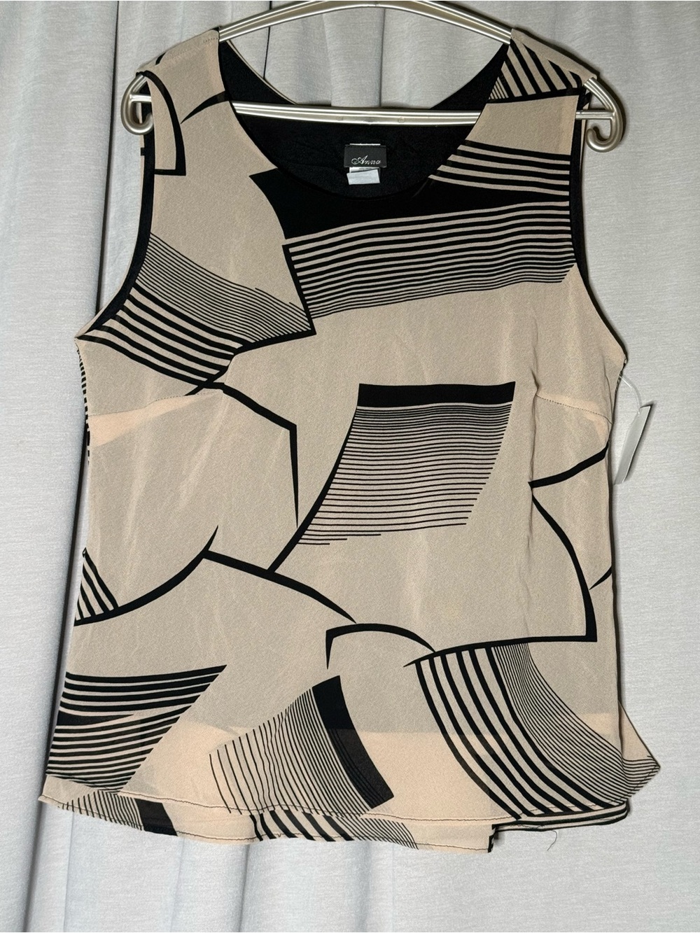 Anna Sleeveless Black/Beige Geo Print Scoop Neck Semi-Sheer Blouse - Size 3XL